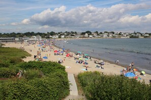 On the beach, sun loungers, beach towels