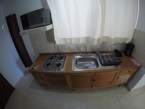 Fridge, microwave, coffee/tea maker, blender