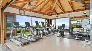 A gym with treadmills, elliptical machines, and weight equipment, overlooking a scenic view.
