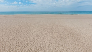 Ein weiter, sandiger Strand mit blauem Himmel und ruhiger See.