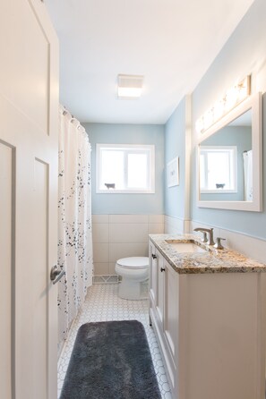Combined shower/bathtub, hair dryer, towels, soap