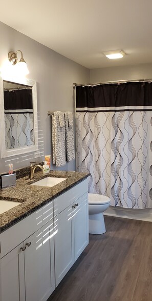 Combined shower/bathtub, hair dryer, towels, soap