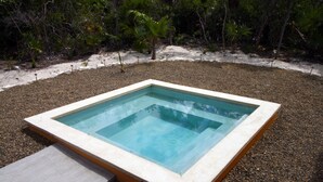 A square-shaped pool with a clear blue water surface, surrounded by gravel and sand, with trees in the background. - Empyrean - Tangerine - Paradise in Whitby, North Caicos (Whitby)