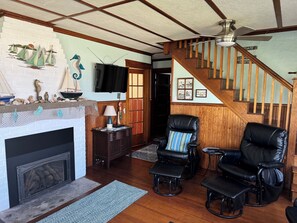 Smart TV, fireplace, DVD player, books