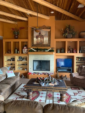 Smart TV, fireplace, DVD player, books