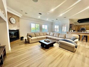 Smart TV, fireplace, foosball, books