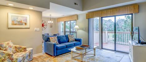 Televisión, chimenea, reproductor de DVD, libros