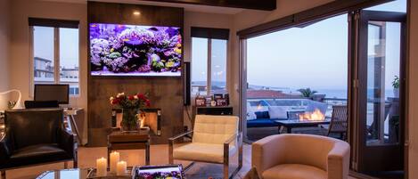 Smart TV, fireplace, DVD player, stereo