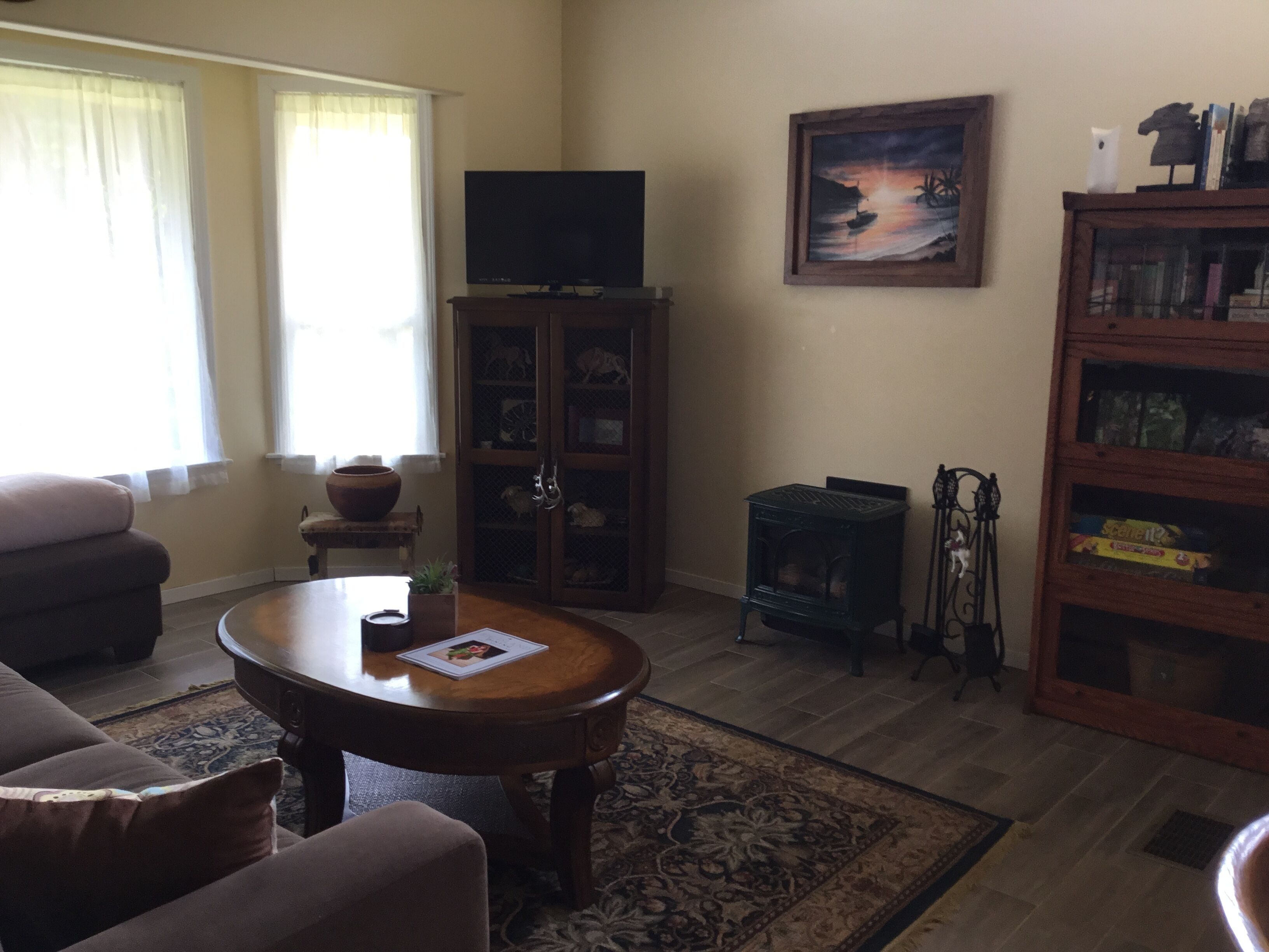 Tv, eldstad, dvd-spelare och böcker