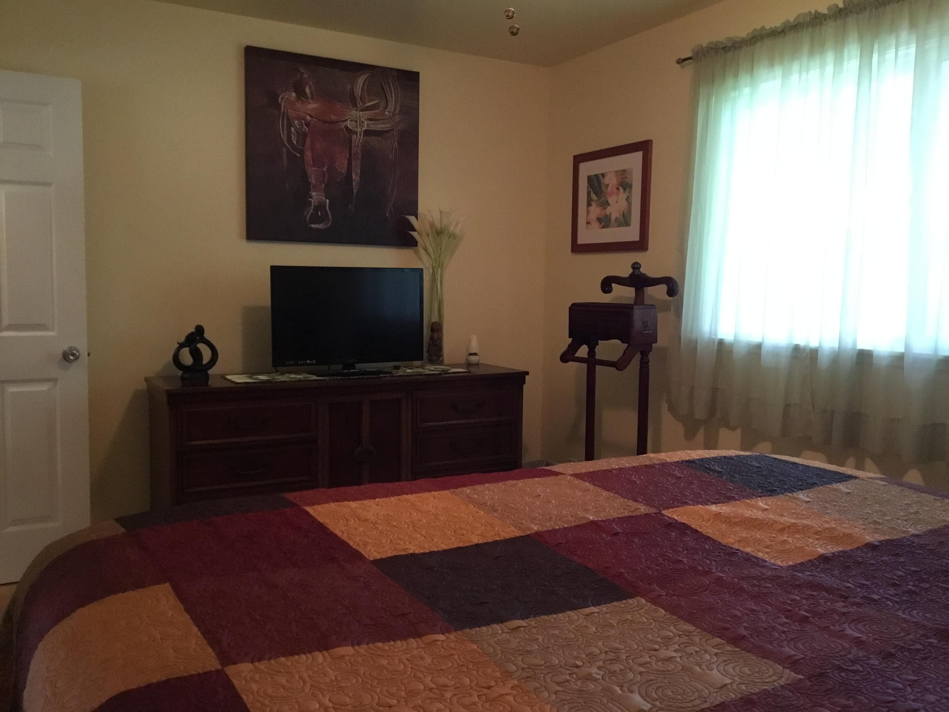 A bedroom with a bed, a television on a wooden cabinet, a painting on the wall, and a window with curtains.