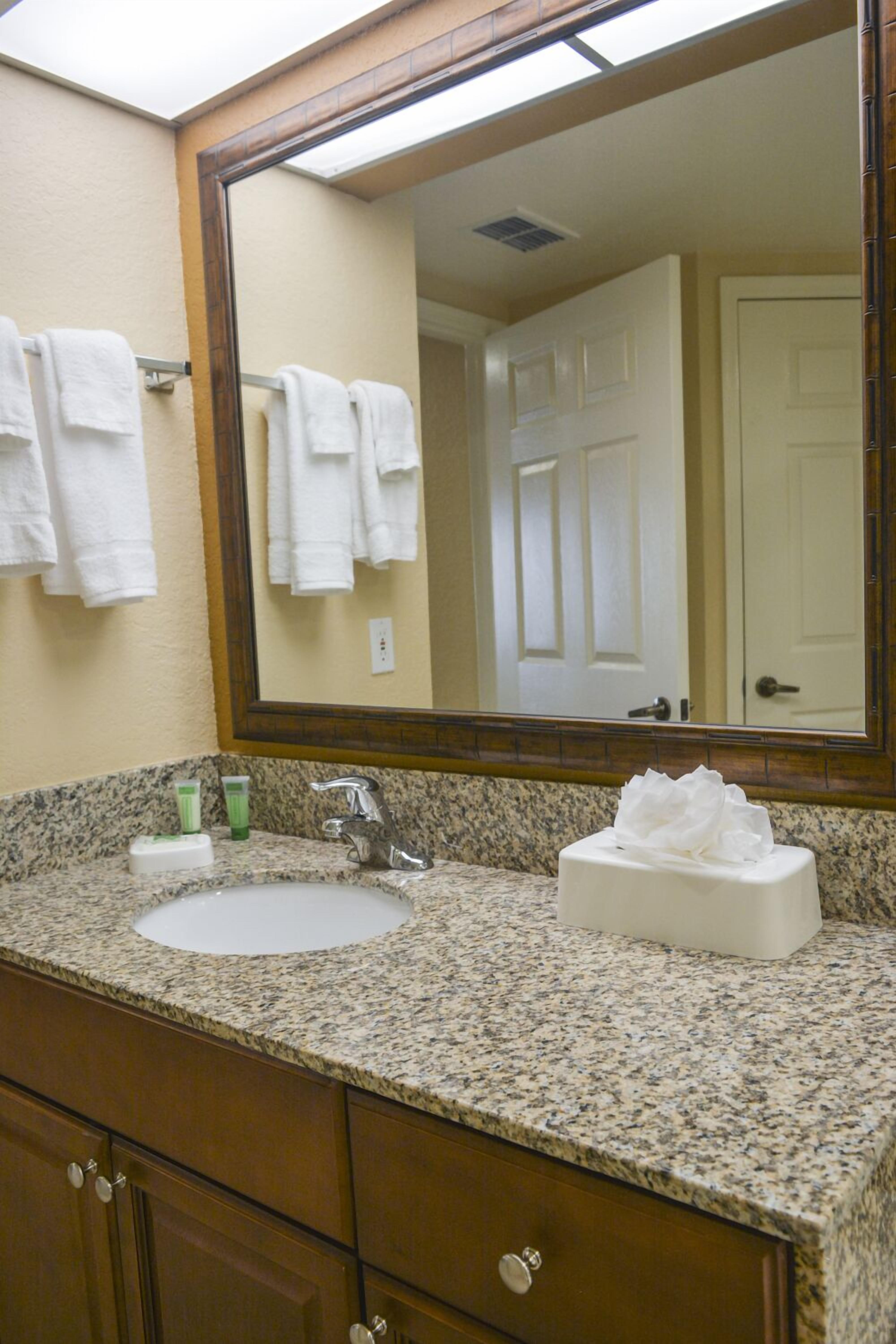 Un baño con encimera de granito, un lavabo, un espejo y una puerta que se ve en el reflejo.