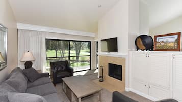 Flat-screen TV, fireplace