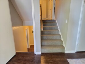 A staircase with carpeted steps leading to a door at the top.