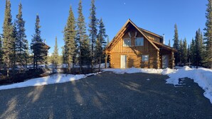 A wooden cabin surrounded by tall pine trees with a clear sky.