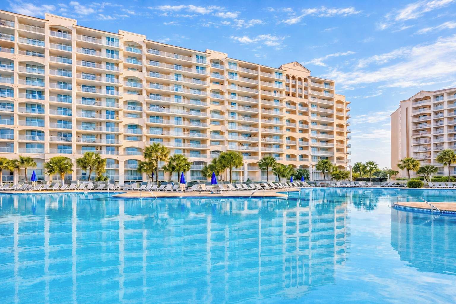 A hotel with a large pool, multiple balconies, and palm trees.