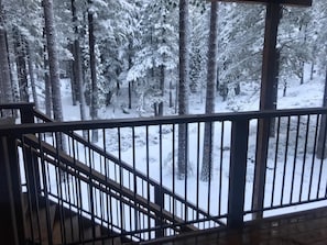 Enjoy breathtaking views of the snowy forest from this balcony.