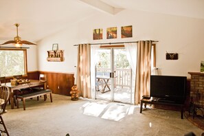 TV, fireplace, DVD player, books