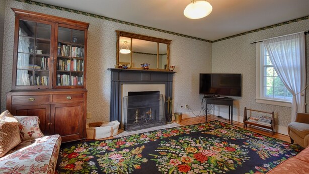 Ein Wohnzimmer mit Kamin, Fernseher, Bücherregal und einem blumigen Teppich.