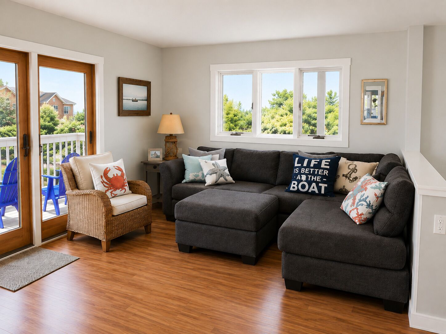 A living room with a grey sectional sofa, a wicker chair, and a blue chair by a sliding glass door.