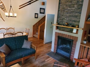Smart TV, fireplace, DVD player, books