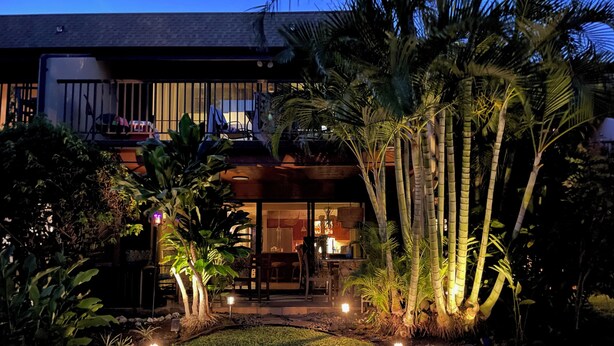 Une maison moderne dotée d’un jardin bien entretenu, comprenant des palmiers et une pelouse.