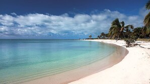 Una playa con agua turquesa cristalina, arena blanca y palmeras bajo un cielo parcialmente nublado.