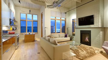 Smart TV, chimenea, libros, biblioteca de música