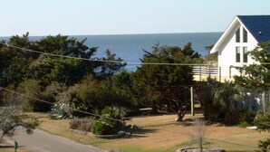 A residential area with a house, a lawn, and a view of the sea.