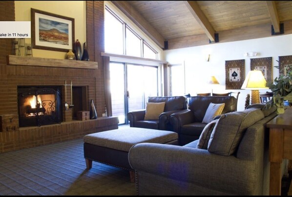 Televisión, chimenea, reproductor de DVD, videoteca