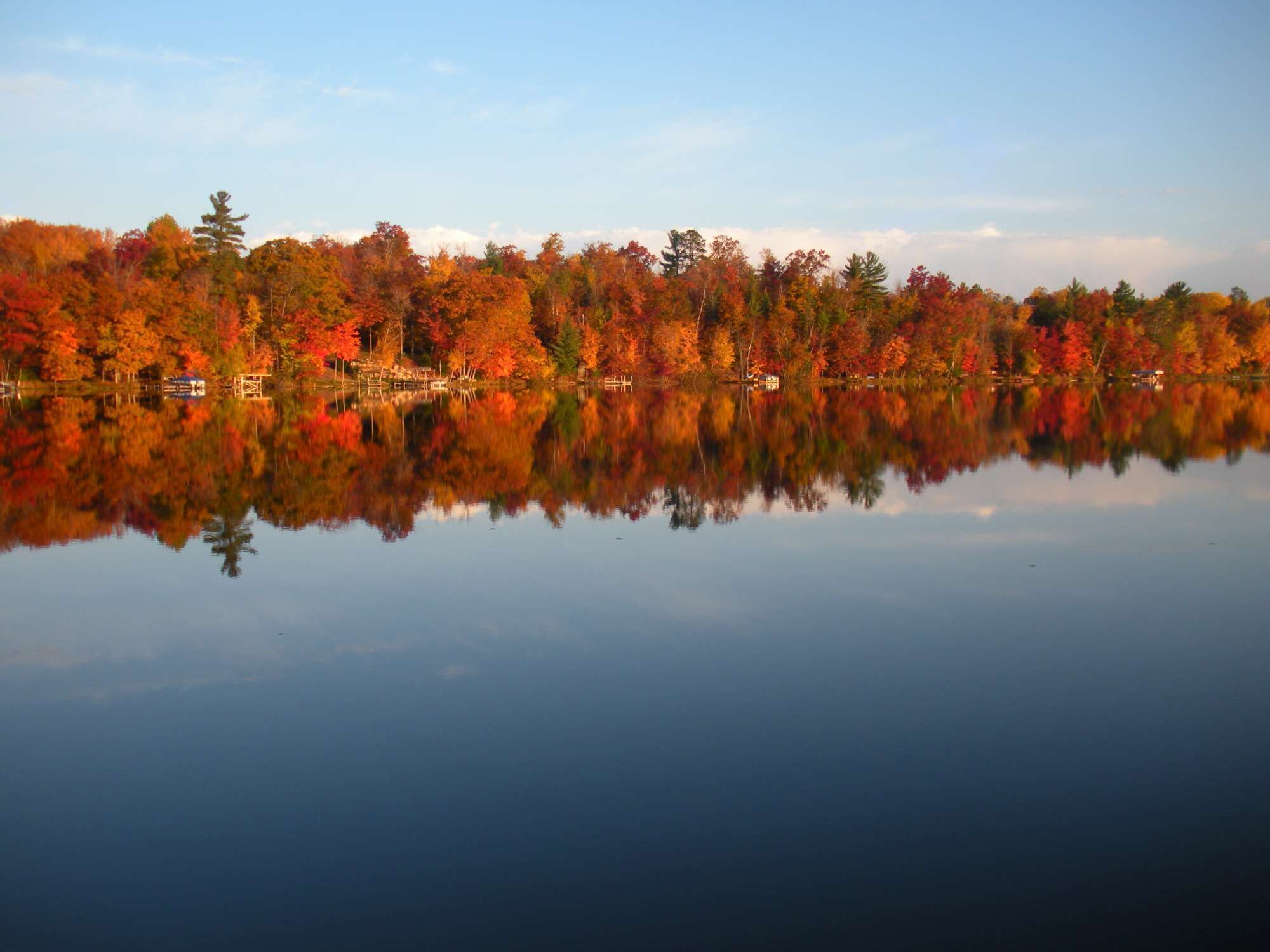 Un llac tranquil que reflecteix arbres d'octubre.