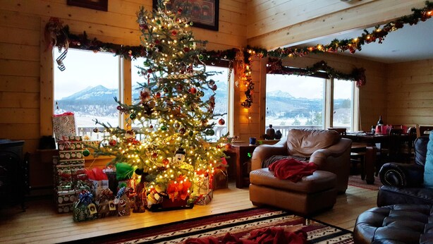 A cozy living room with a decorated Christmas tree, a leather armchair, and a view of mountains through large windows. - Book now for hunting and ski seasons. Huge mountain views! (Pagosa Springs)