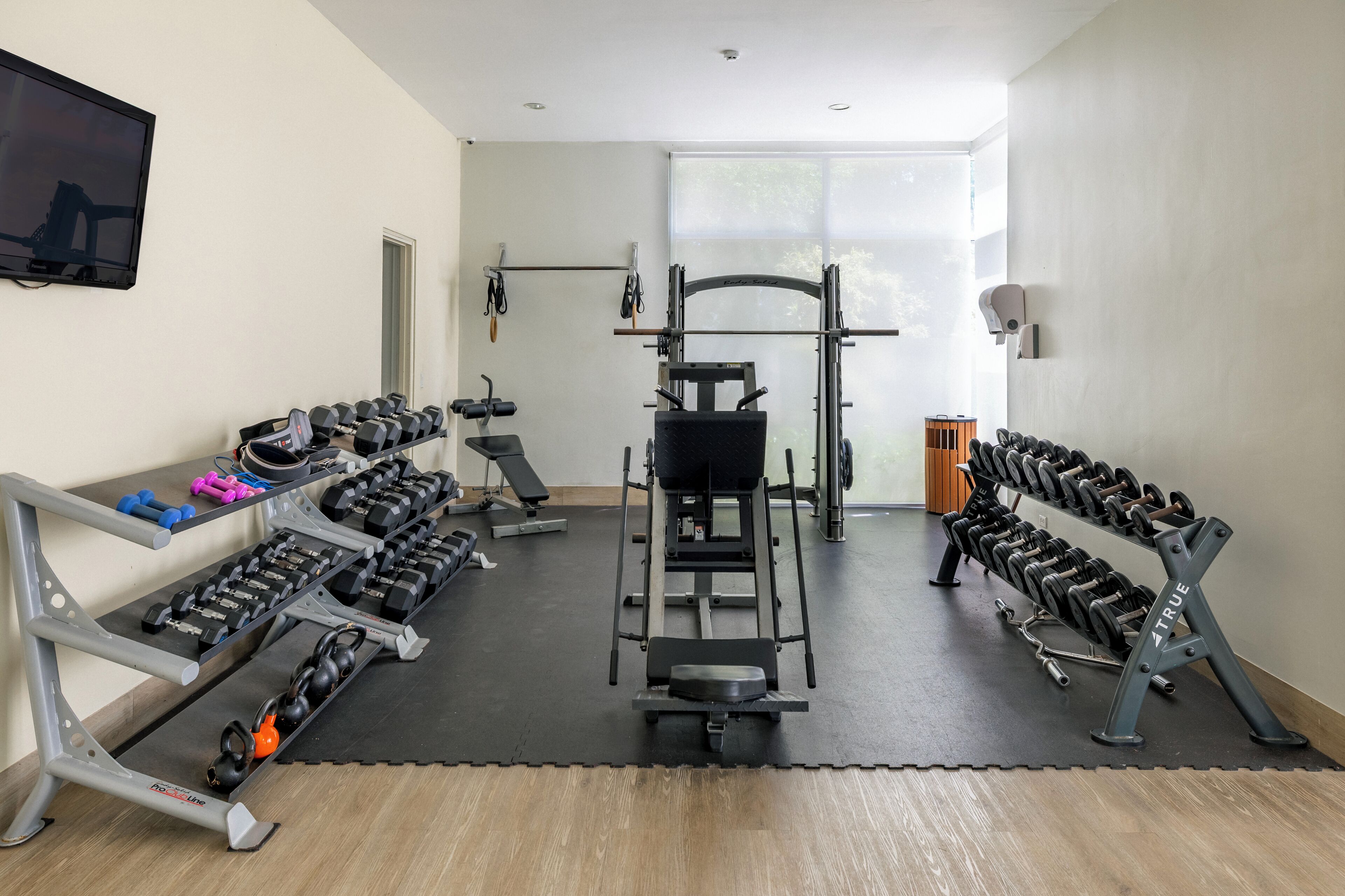 A gym with various exercise equipment, including dumbbells, kettlebells, and a squat rack.