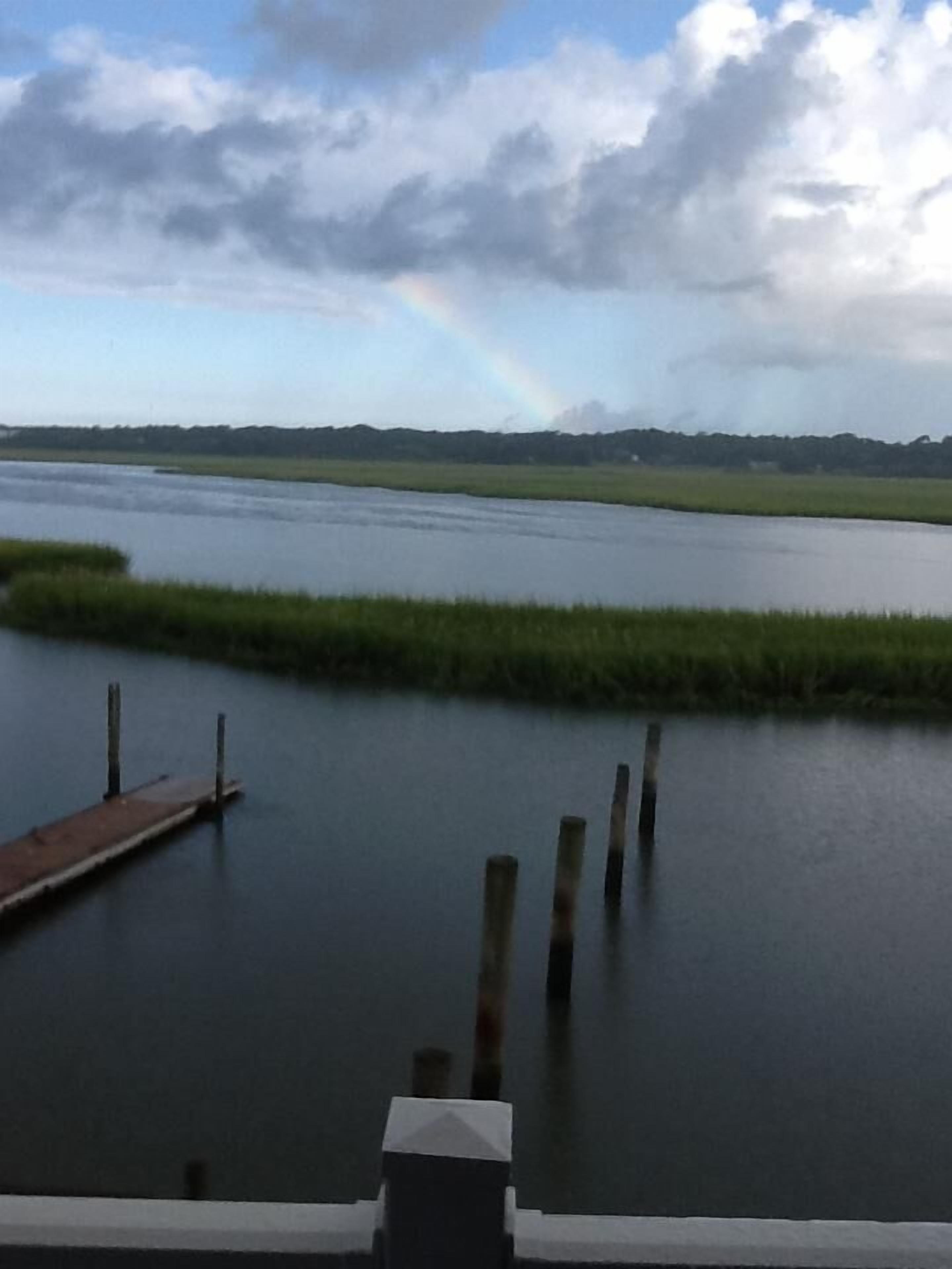 A view of a river with a wooden dock and a grassy bank.