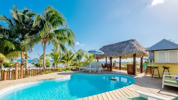 Une terrasse en bois avec une piscine, des chaises longues et une structure surmontée d’un toit de chaume.