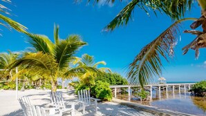 Une plage avec des chaises longues blanches, des palmiers et une jetée qui s’avance dans l’eau.