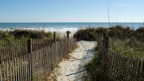 A sandy beach path with wooden fencing leading to the ocean. - OCEANFRONT TH with pool on the beach! (Surfside Beach)