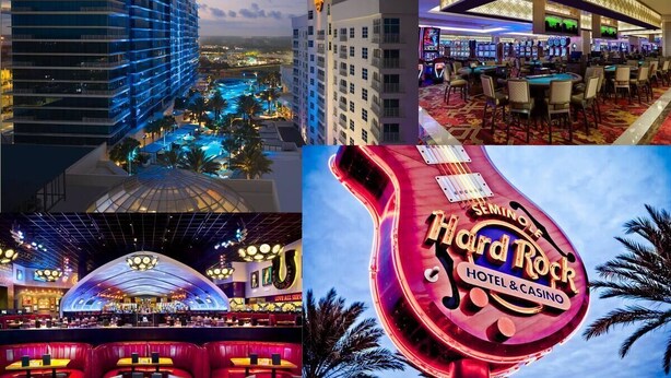 A hotel with multiple floors, a pool area, a casino with slot machines, a large neon sign, and a spacious interior with seating.