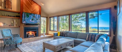 Smart TV, fireplace, video games, DVD player