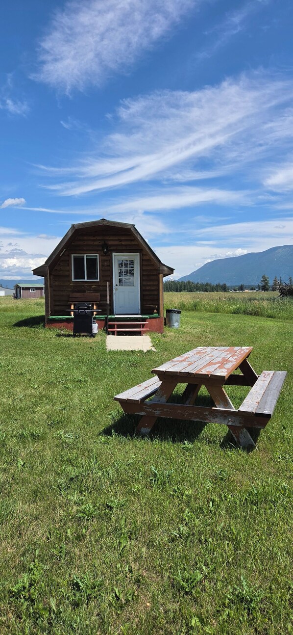 Une cabane en bois avec une table de pique-nique, située dans un champ herbeux, et dotée d’une porte et d’une fenêtre.