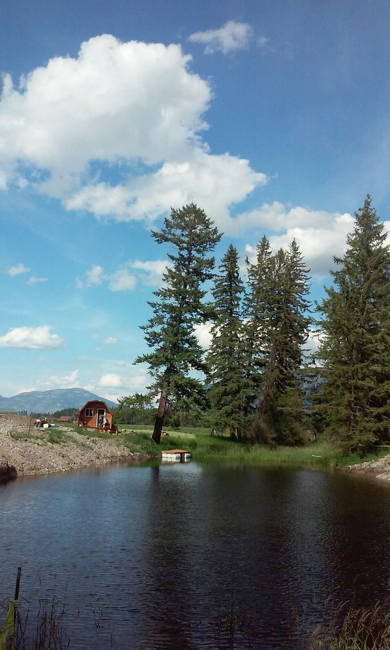 A cabin by a lake with a clear sky and tall trees.