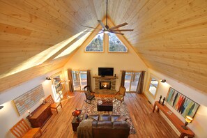 Smart TV, fireplace, books, stereo