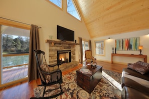 Smart TV, fireplace, books, stereo