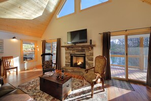 Smart TV, fireplace, books, stereo