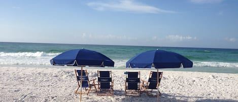 On the beach, sun loungers