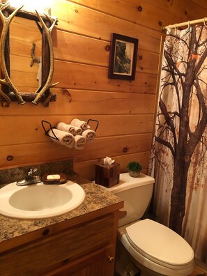 A wooden bathroom with a granite countertop sink, a mirror, a framed picture, and a tree-themed shower curtain. - Buck Mountain Getaway - Stunning views, hot tub, fireplace. Nearby Boone. (Purlear)