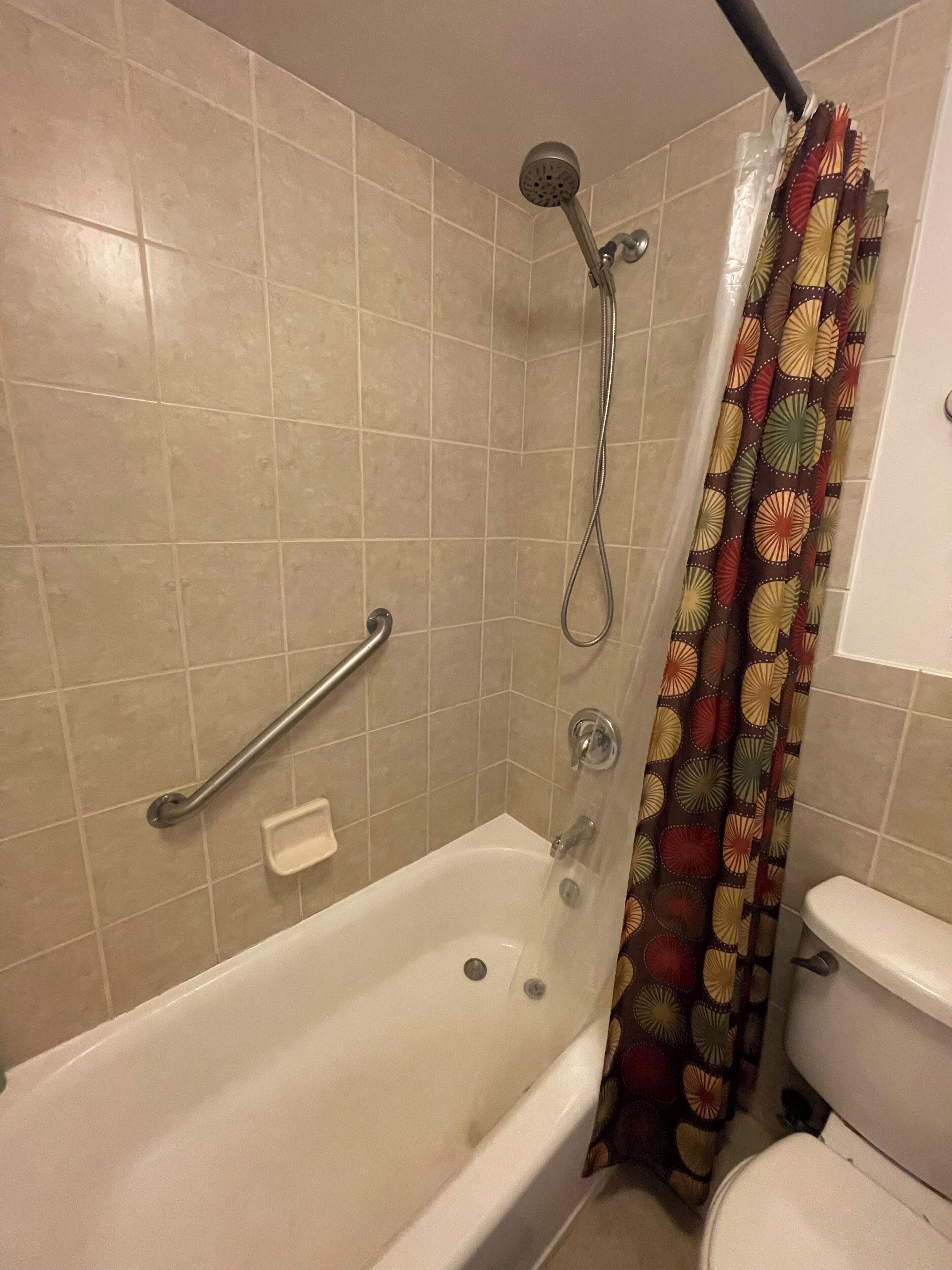 A bathroom with a bathtub, shower, toilet, and a handrail.