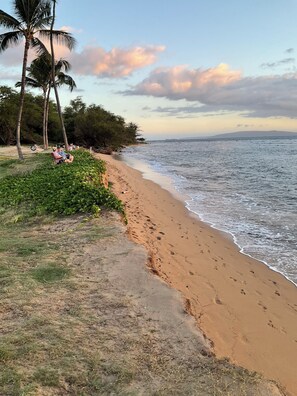 On the beach, sun loungers, beach towels