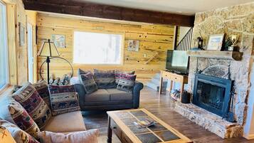 TV connectée, cheminée, lecteur de DVD, livres