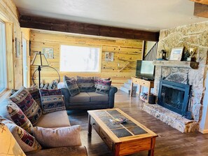 Smart TV, fireplace, DVD player, books