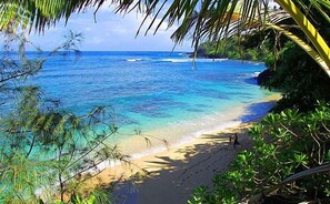 A beach with clear turquoise water, sandy shore, and lush greenery. - Mid-century Modern Remodeled Spectacular Ocean, Bali Hai and Golf Course Views! (Princeville)
